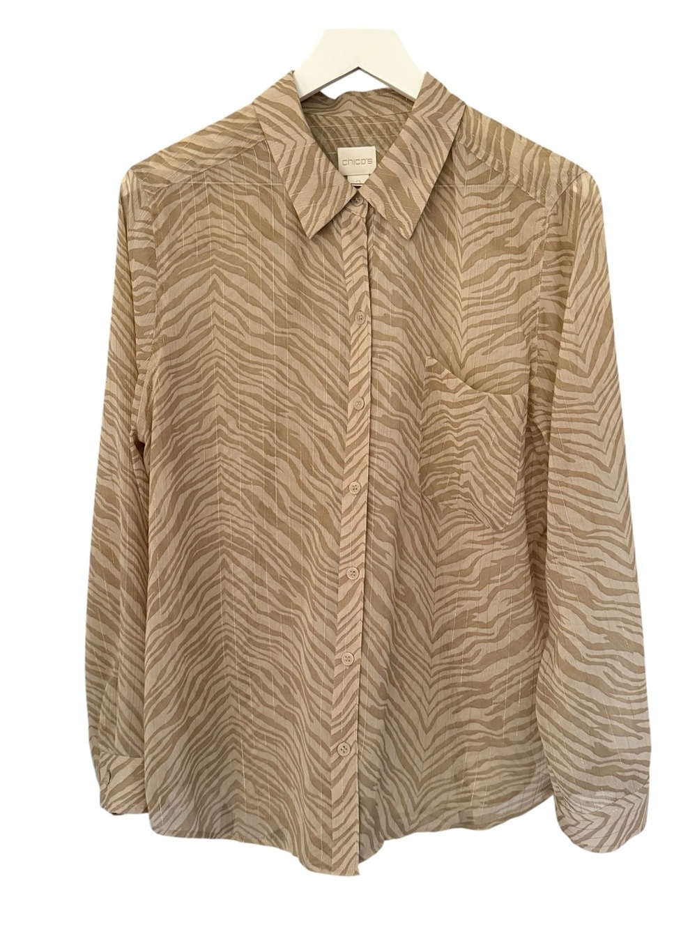 Chico's Women's Large Zebra Print Metallic Stripes Sheer Button Front Top
